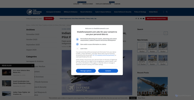 Security scan screenshot of https://thedefensewatch.com/global-news/indian-hal-tejas-crashes-at-dubai-air-show-pilot-fatal-raises-safety-questions/