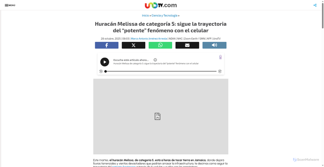 Security scan screenshot of https://www.unotv.com/ciencia-y-tecnologia/huracan-melissa-de-categoria-5-sigue-la-trayectoria-del-potente-fenomeno-con-el-celular/