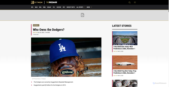 Security scan screenshot of https://sports.betmgm.ca/en/blog/mlb/who-owns-the-dodgers-21/
