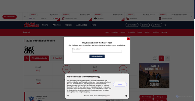 Security scan screenshot of https://olemisssports.com/sports/football/schedule