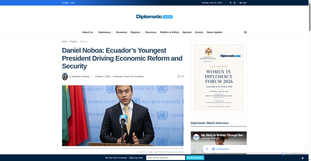 Security scan screenshot of https://diplomaticwatch.com/daniel-noboa-ecuadors-youngest-president-driving-economic-reform-and-security/