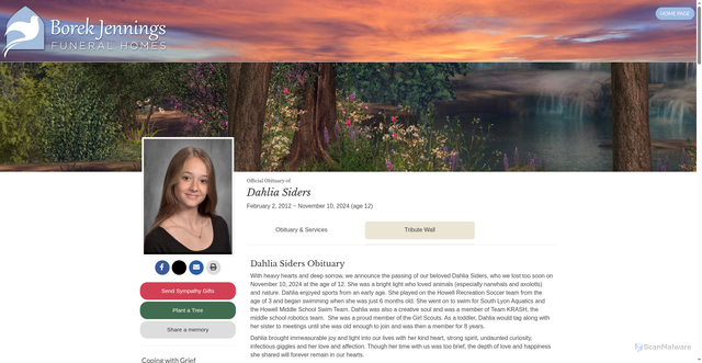 Security scan screenshot of https://www.borekjennings.com/obituary/Dahlia-Siders