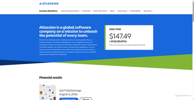 Security scan screenshot of https://investors.atlassian.com/