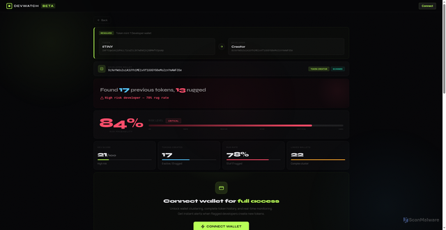 Security scan screenshot of https://check-hc6vuu9w.devwatchbuild.me/?address=2AF7CqwieUjUPALL7icuZtL3X7wENdjUjGBMmfV2pump