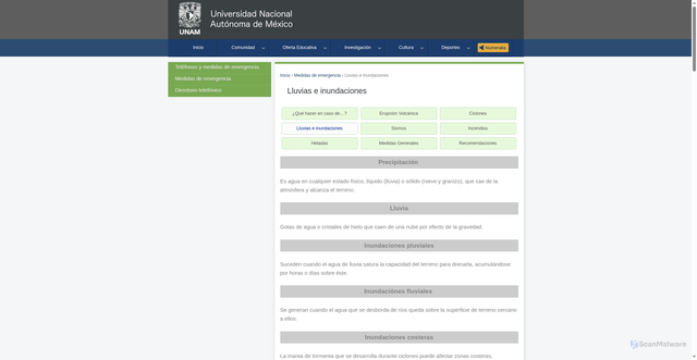 Security scan screenshot of https://www.unam.mx/medidas-de-emergencia/lluvias-e-inundaciones