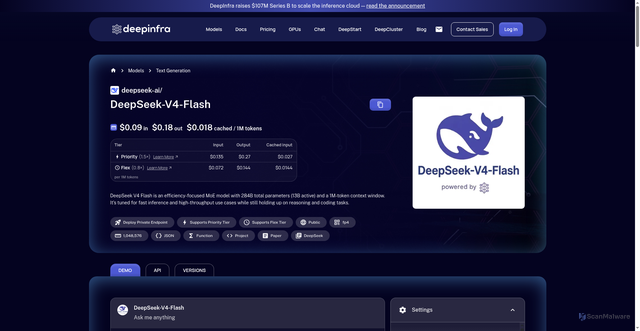 Security scan screenshot of https://deepinfra.com/deepseek-ai/DeepSeek-V4-Flash