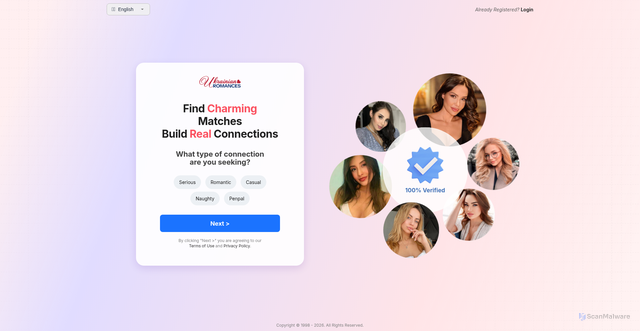 Security scan screenshot of https://www.ukrainianromances.com/mrqa/register01.php?aid=2831&oid=CP287341&qpid_offer_id=UKR_802315TUIKK&qpid_subid=xferryx1603ENG