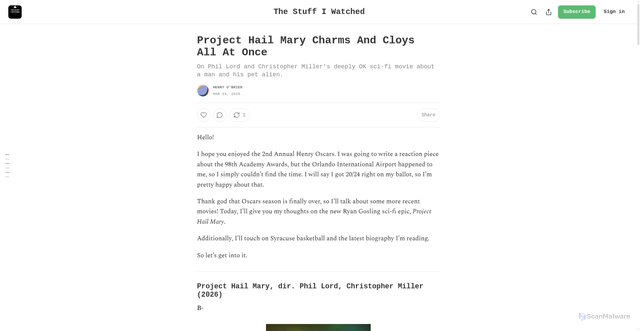 Security scan screenshot of https://stuffiwatch.substack.com/p/project-hail-mary-charms-and-cloys