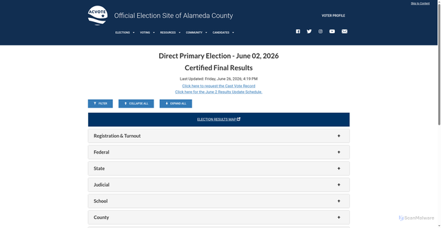 Security scan screenshot of https://alamedacountyca.gov/rovresults/259/