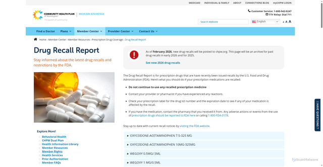 Security scan screenshot of https://medicare.chpw.org/member-center/member-resources/prescription-drug-coverage/drug-recall-report/