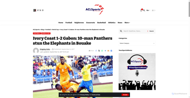 Security scan screenshot of https://www.aclsports.com/ivory-coast-1-2-gabon-10-man-panthers-stun-elephants-bouake/