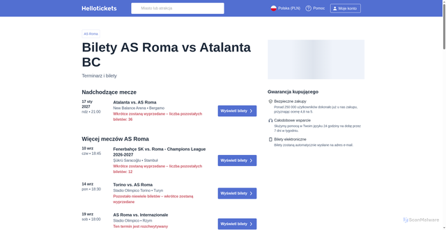 Security scan screenshot of https://www.hellotickets.pl/as-roma-vs-atalanta-bc-bilety/m-1670