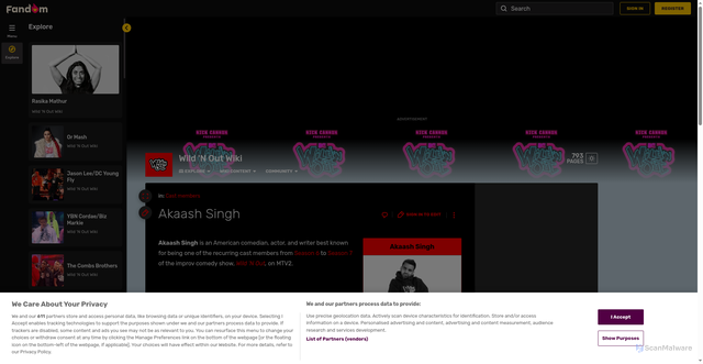 Security scan screenshot of https://wild-n-out.fandom.com/wiki/Akaash_Singh