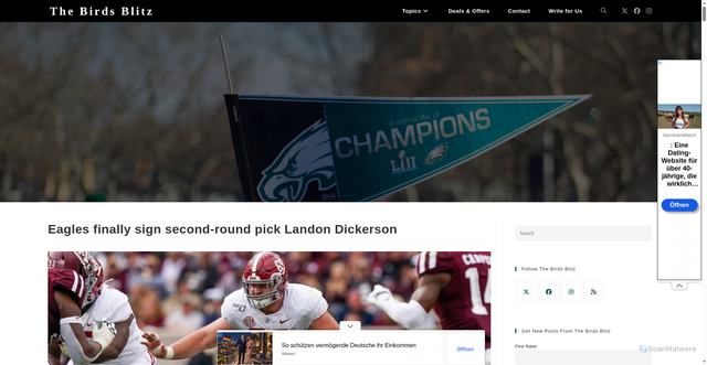 Security scan screenshot of https://thebirdsblitz.com/eagles-finally-sign-second-round-pick-landon-dickerson/
