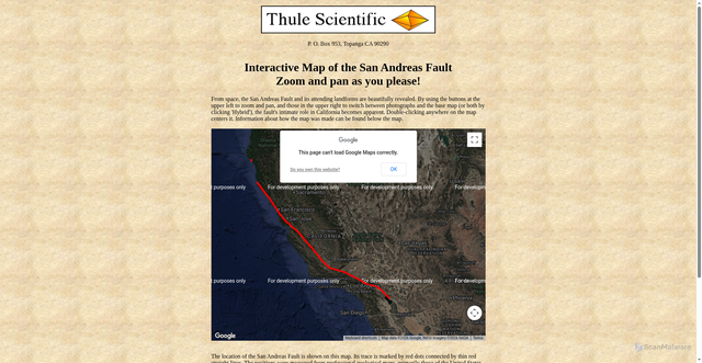 Security scan screenshot of https://www.thulescientific.com/san-andreas-fault-map.html