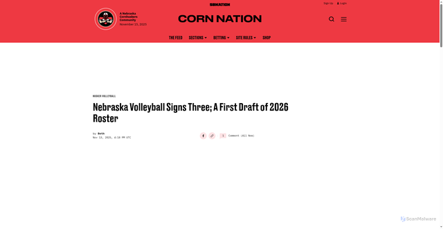 Security scan screenshot of https://www.cornnation.com/volleyball/88830/nebraska-volleyball-signs-three-a-first-draft-of-2026-roster