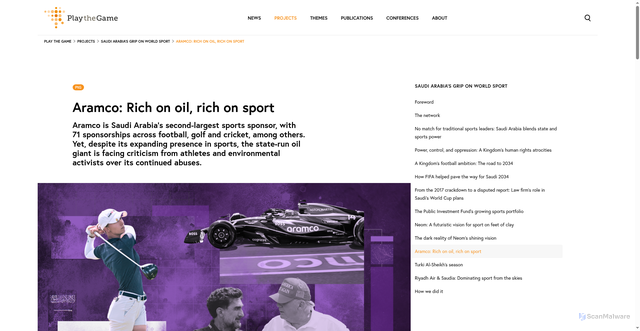 Security scan screenshot of https://www.playthegame.org/projects/saudi-arabia-s-grip-on-world-sport/aramco-rich-on-oil-rich-on-sport/