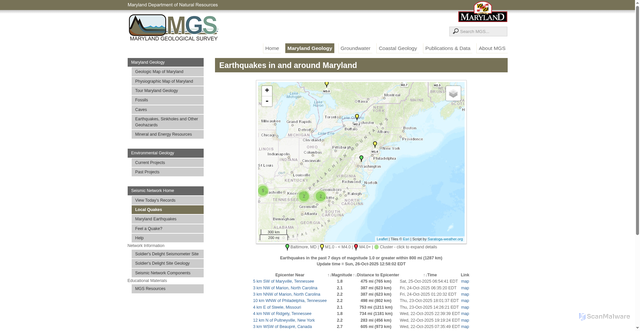 Security scan screenshot of http://www.mgs.md.gov/seismic/quake-json/local.php