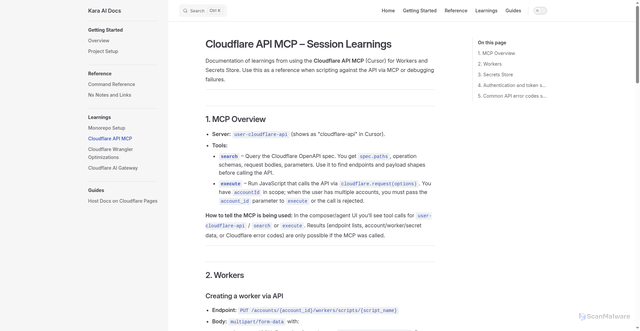 Security scan screenshot of https://kara-ai-docs.pages.dev/learnings/cloudflare-api-mcp-learnings