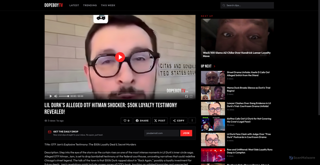 Security scan screenshot of https://dopeboytv.com/v/prosecutors-say-otf-jam-will-allegedly-testify-that-the-50k-lil-durk-g