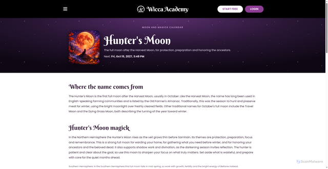 Security scan screenshot of https://wiccaacademy.com/moon-calendar/full-moons/hunters-moon/