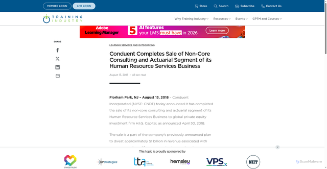 Security scan screenshot of https://trainingindustry.com/press-release/learning-services-and-outsourcing/conduent-completes-sale-of-non-core-consulting-and-actuarial-segment-of-its-human-resource-services-business/