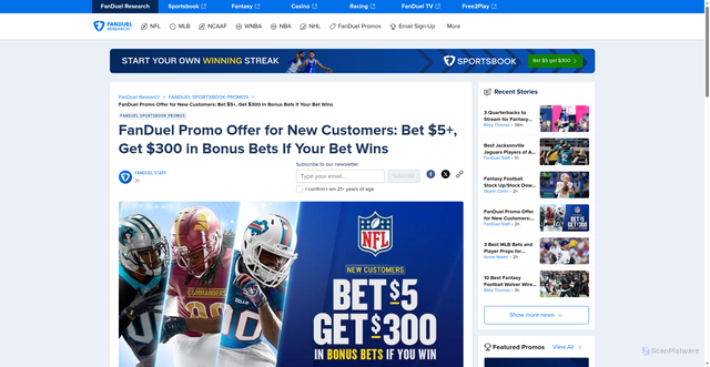 Security scan screenshot of https://www.fanduel.com/research/fanduel-promo-offer-for-new-customers-bet-usd5-get-usd300-in-bonus-bets-if-your-bet-wins-10-6-2025