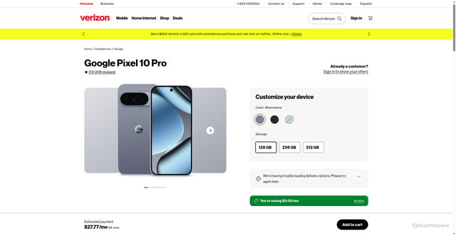 Security scan screenshot of http://m.vzw.com/googlepixel-10series?mhash=3046