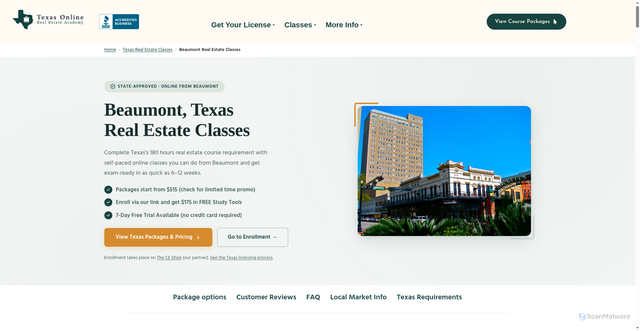 Security scan screenshot of https://texasonlinerealestateacademy.com/beaumont-texas-real-estate-license-classes/