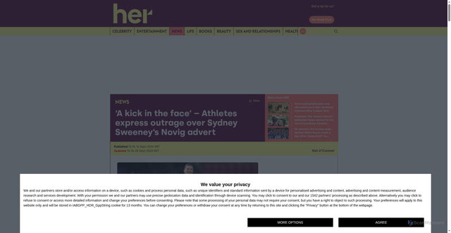 Security scan screenshot of https://www.her.ie/news/sport/sydney-sweeney-novig-advert-is-a-kick-in-the-face-to-women-in-sport-1012323