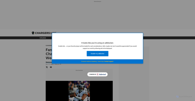 Security scan screenshot of https://chargerswire.usatoday.com/story/sports/nfl/chargers/2025/10/21/chargers-fantasy-football-start-sit-oronde-gadsden-keenan-allen-kimani-vidal/86819239007/