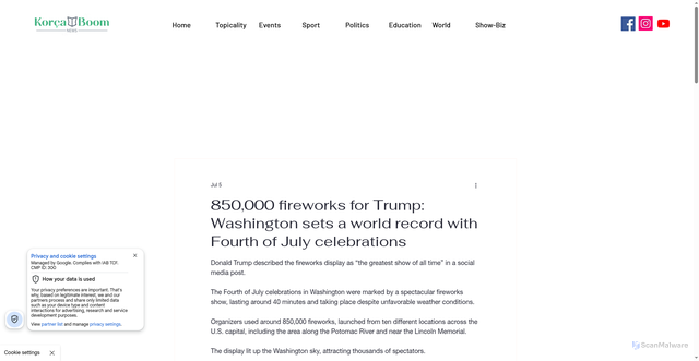Security scan screenshot of https://www.korcaboom.com/post/850-000-fireworks-for-trump-washington-sets-a-world-record-with-fourth-of-july-celebrations