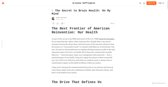 Security scan screenshot of https://ariannahuffington.substack.com/p/the-secret-to-brain-health-on-my