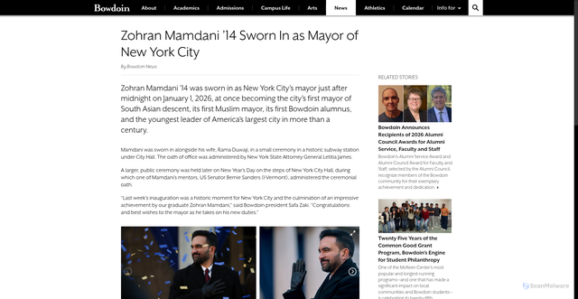 Security scan screenshot of https://www.bowdoin.edu/news/2026/01/zohran-mamdani-14-sworn-in-as-mayor-of-new-york-city.html