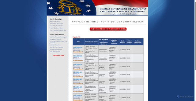 Security scan screenshot of https://media.ethics.ga.gov/search/Campaign/Campaign_ByContributionsearchresults.aspx?Contributor=Jackson&Zip=&City=&ContTypeID=0&PAC=&Employer=&Occupation=&From=&To=&Cash=&InK=&Filer=&Candidate=Beach&Committee=