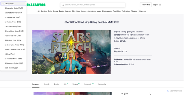 Security scan screenshot of https://www.kickstarter.com/projects/starsreach/stars-reach