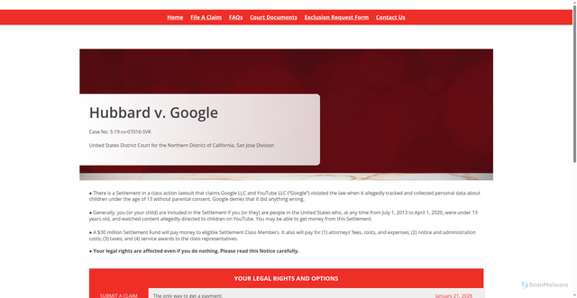 Security scan screenshot of https://youtubeprivacysettlement.com/