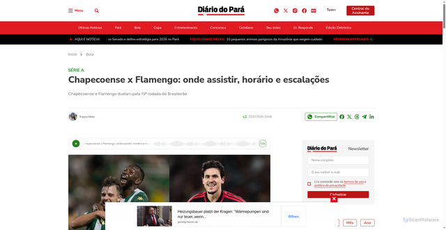 Security scan screenshot of https://diariodopara.com.br/bola/chapecoense-x-flamengo-onde-assistir-horario-e-escalacoes/