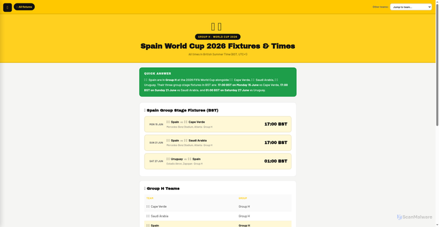 Security scan screenshot of https://www.whenskickoff.com/spain