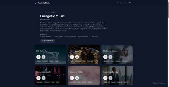 Security scan screenshot of https://freesafemusic.pages.dev/genres/energetic/