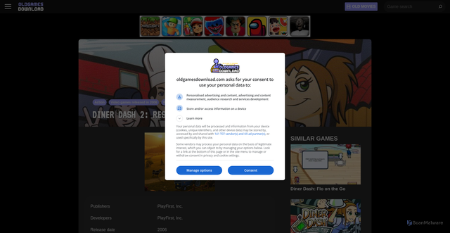 Security scan screenshot of https://oldgamesdownload.com/diner-dash-2-restaurant-rescue/