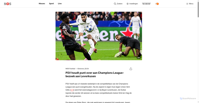 Security scan screenshot of https://nos.nl/artikel/2584833-psv-houdt-punt-over-aan-champions-league-bezoek-aan-leverkusen
