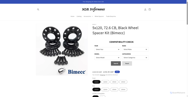 Security scan screenshot of https://msrperformance.co.uk/products/5x120-72-6-cb-10mm-thick-black-wheel-spacer-kit-bimecc-m14x1-5-60-taper-38-40