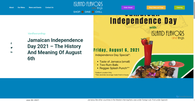 Security scan screenshot of https://islandflavorsandtings.com/jamaican-independence-day-2021-august-6th/?srsltid=AfmBOooks5A8JxWQ1u-cdzzwBuJ75LOzHTcSGcUR7JQN1VzoWW92EADV