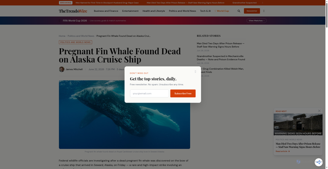 Security scan screenshot of https://www.thetrendswire.com/blog/pregnant-fin-whale-found-dead-alaska-cruise-ship