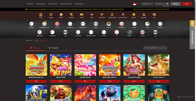 Security scan screenshot of https://haha388lucky.com/games/slot/5g