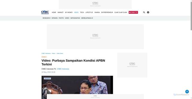 Security scan screenshot of https://www.cnbcindonesia.com/news/20260519153417-8-735998/video-purbaya-sampaikan-kondisi-apbn-terkini