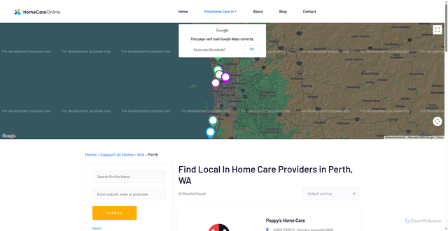 Security scan screenshot of https://staging.homecareonline.com.au/support-at-home/wa/perth/