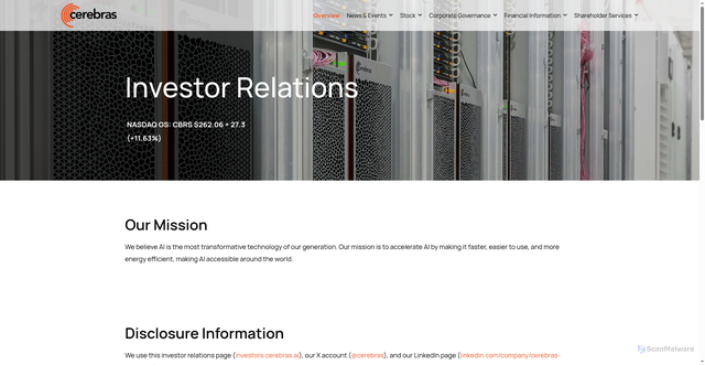 Security scan screenshot of https://investors.cerebras.ai/investor-relations/