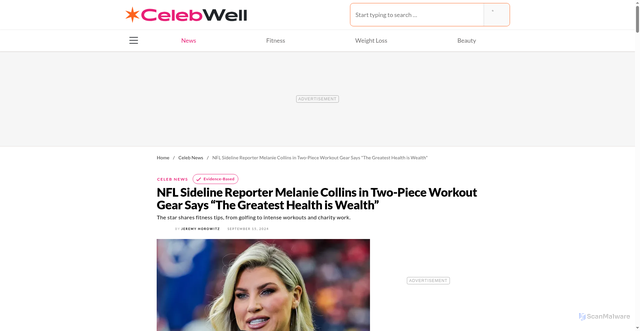 Security scan screenshot of https://celebwell.com/news-nfl-sideline-reporter-melanie-collins-in-two-piece-workout-gear-says-the-greatest-health-is-wealth/